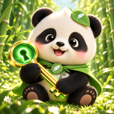 A cheerful PandaKey panda in a green cape holding a glowing golden key